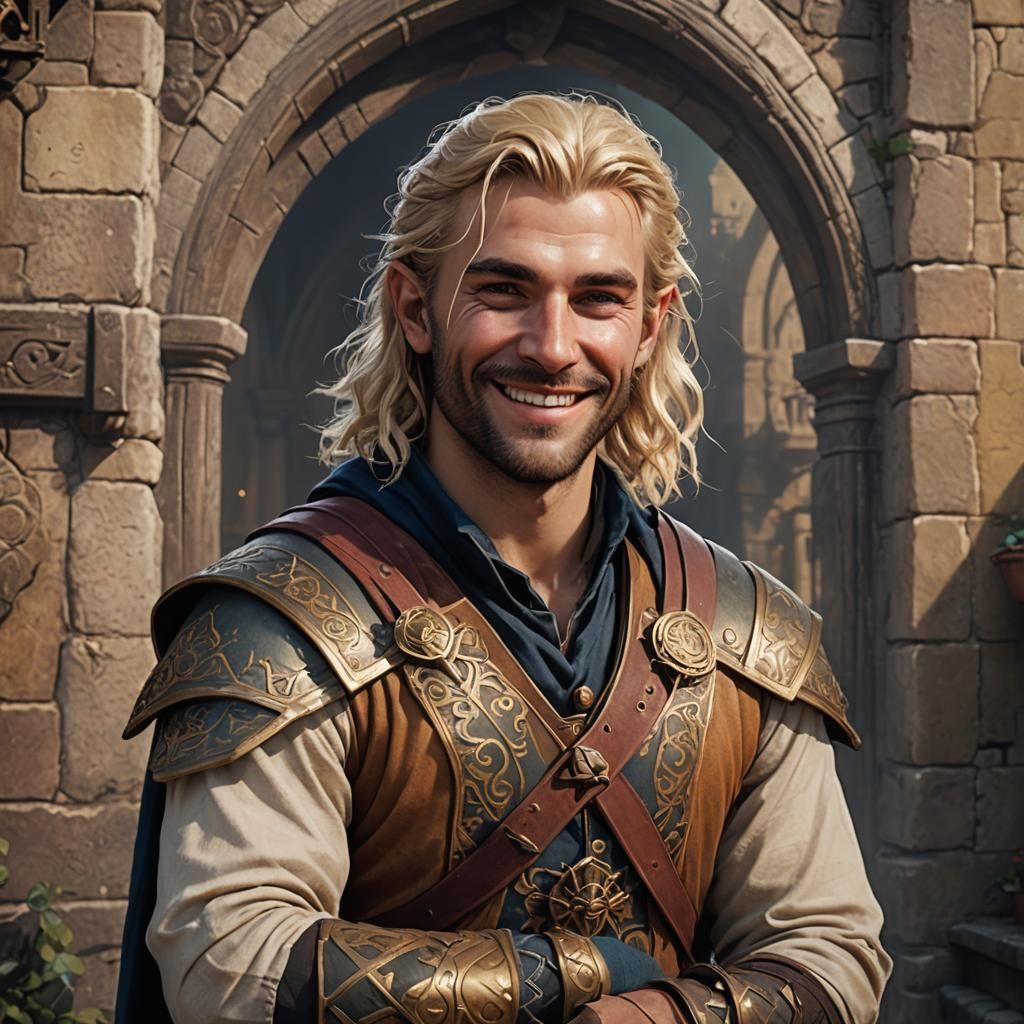 Smiling Blonde Bard Portrait in Fantasy Art Style