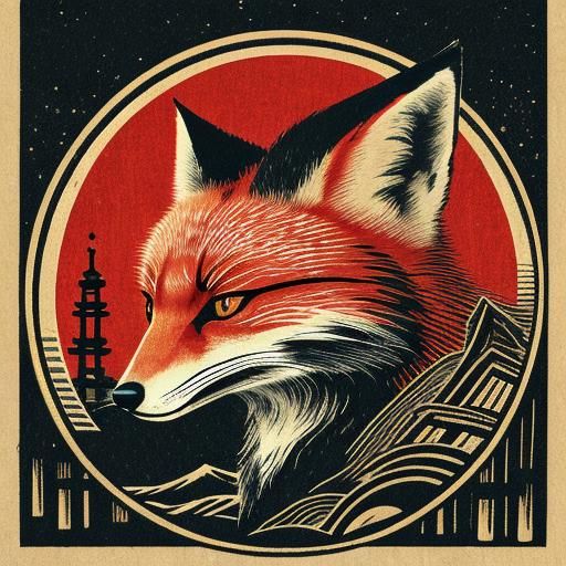 Red Fox in Japanese Woodcut Style