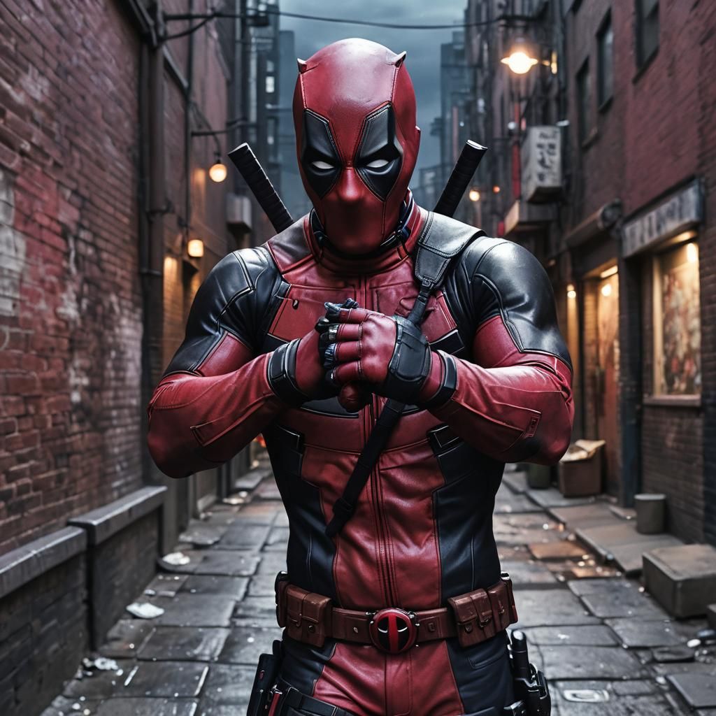 Deadpool Ready for Battle in Gritty Cityscape