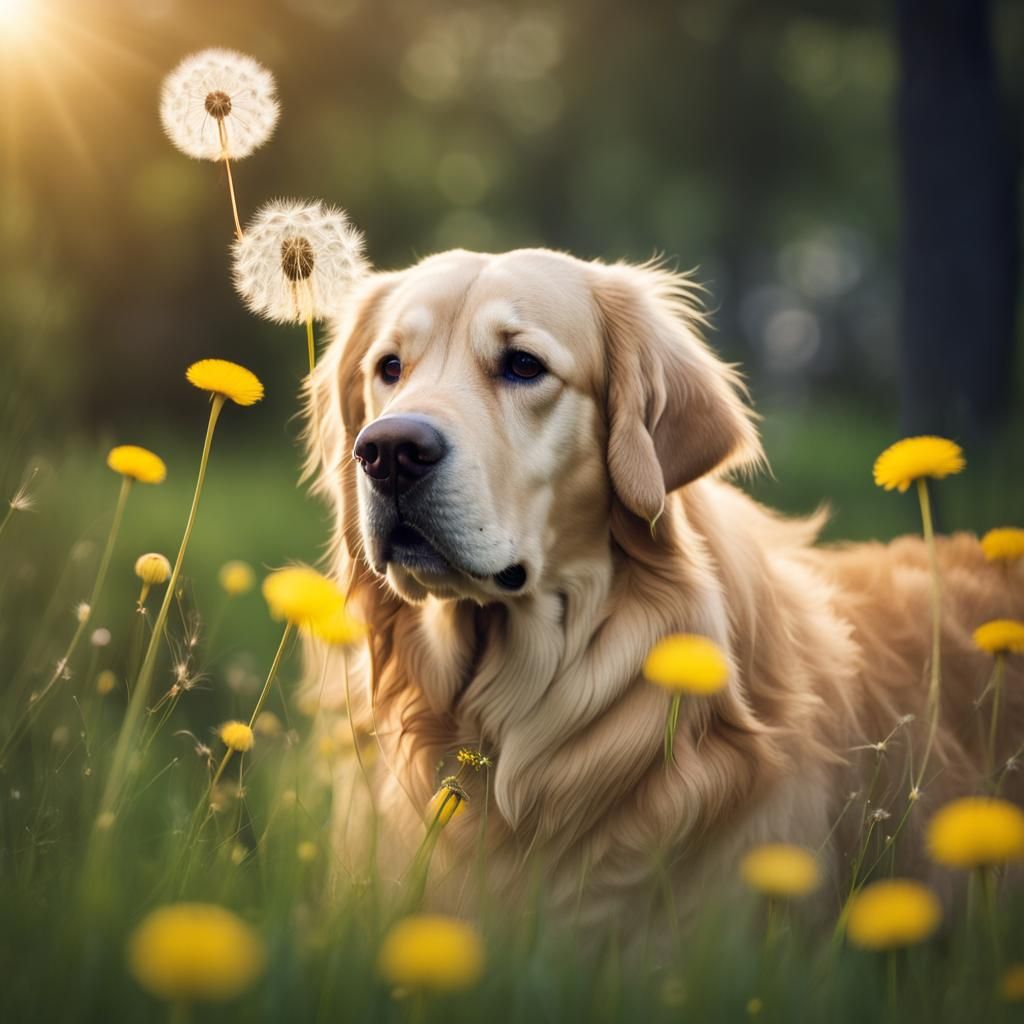 Golden Retriever with Dandelion in Natural Light
