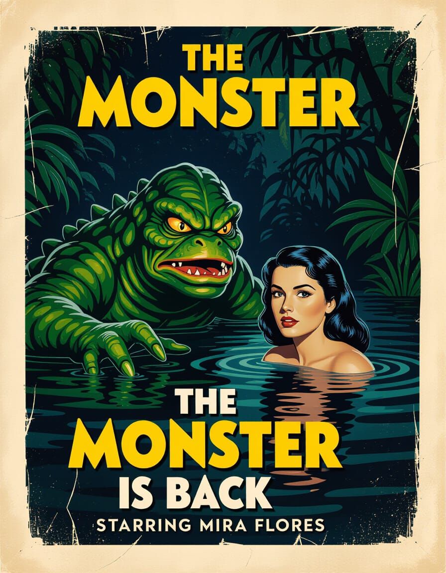 Reptilian Monster Attacks Woman in Vintage Movie Poster Styl...