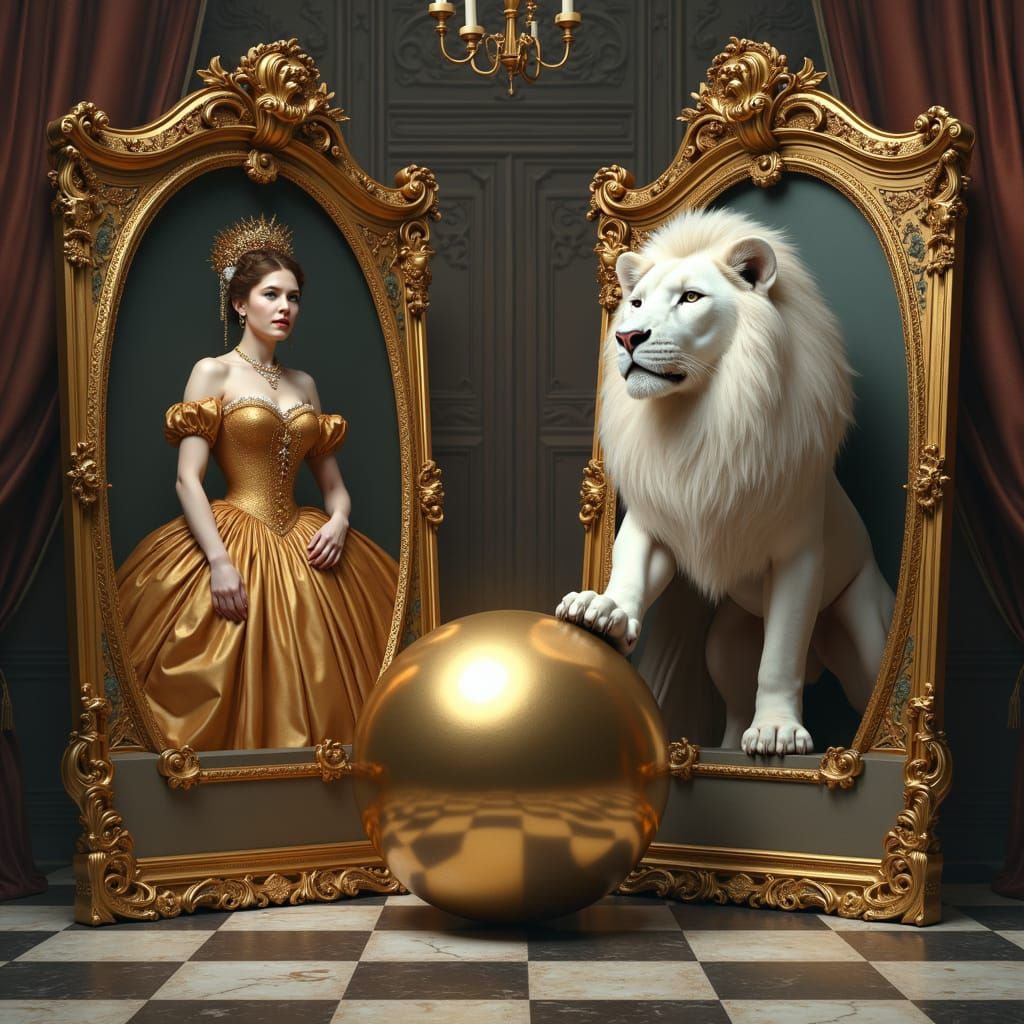 Victorian Couple in Ornate Frames with White Lion