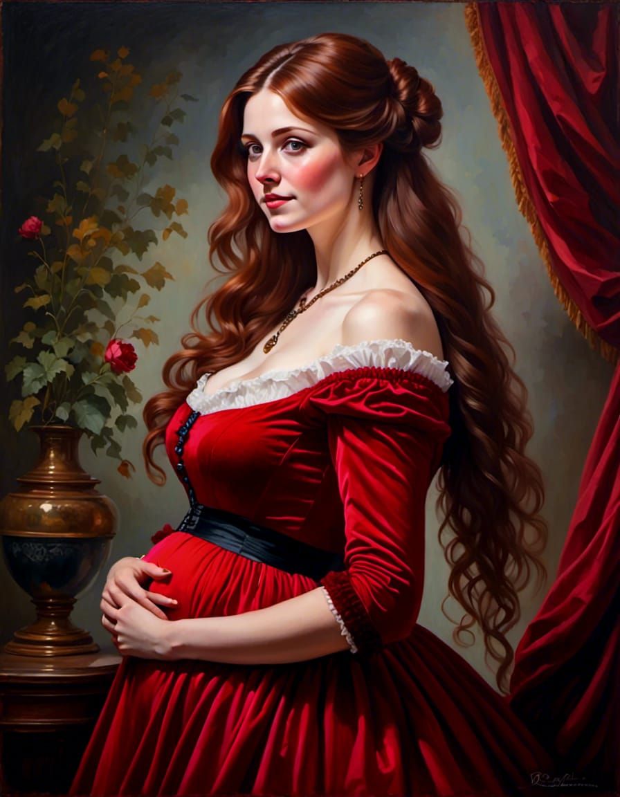 Victorian Pregnant Woman in Red Velvet Dress