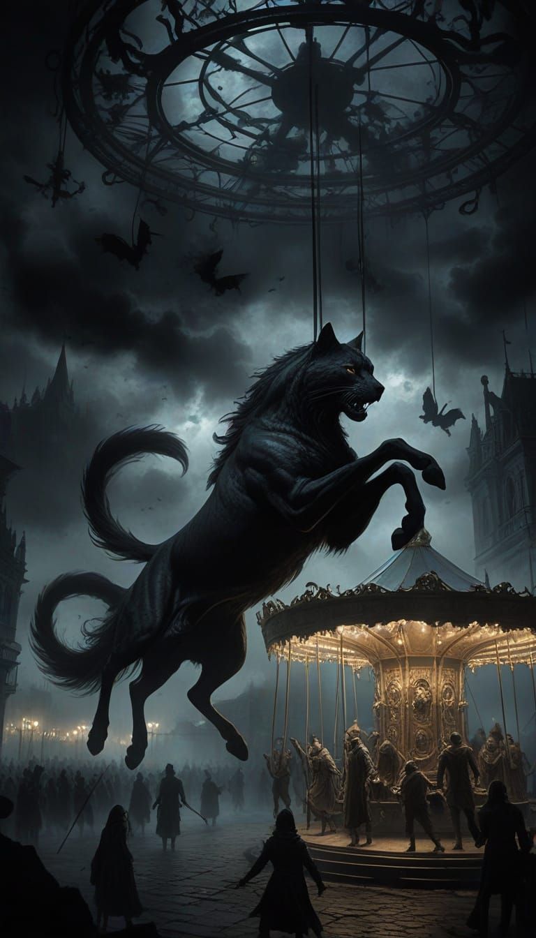 Ghost Cat Over Carousel In Dark Fantasy Art