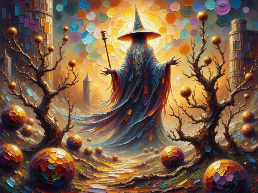 Surreal Wizard Cult in Dreamlike Landscape as Impasto Painti...