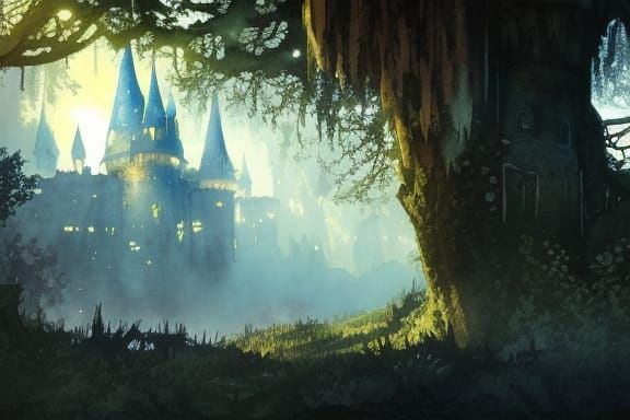 Imposing Castle in Magical Forest Watercolor Art