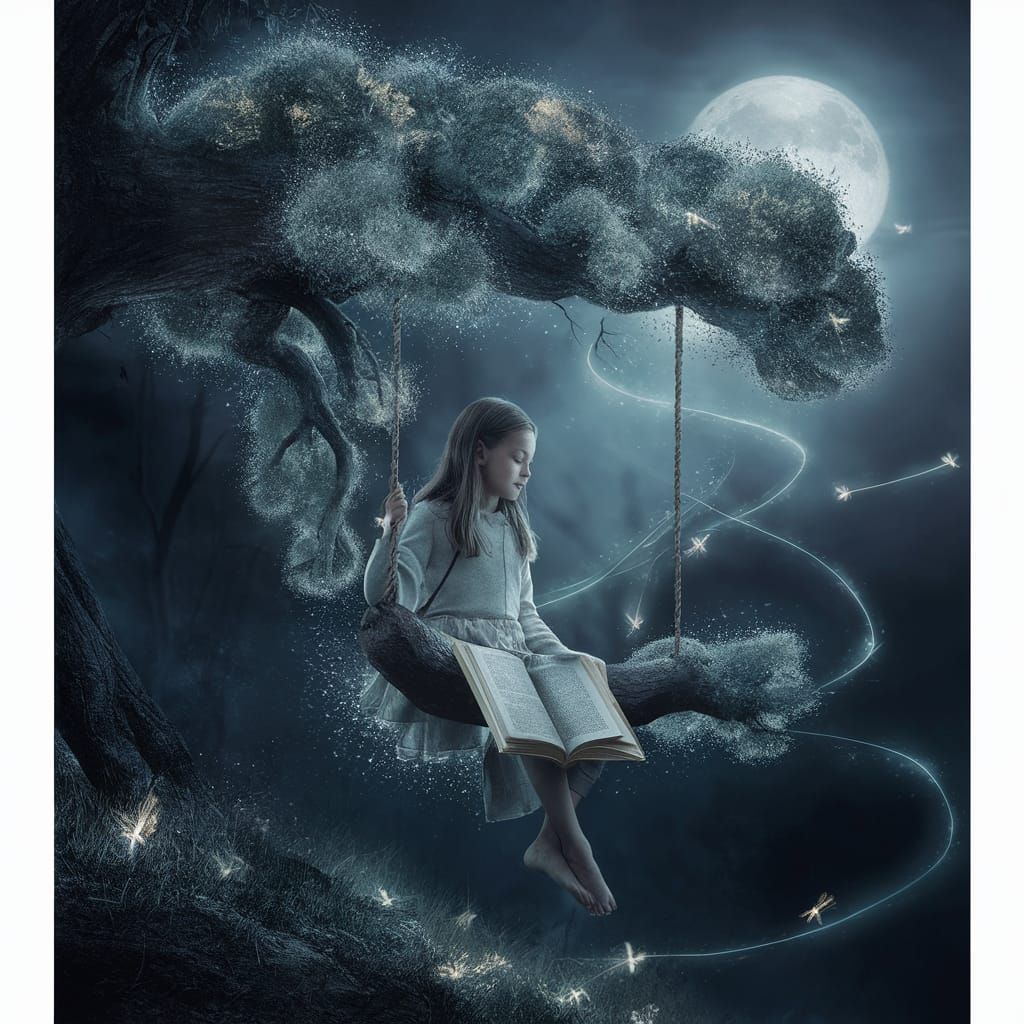 Magical Forest: Girl on Swing Under Bioluminescent Tree