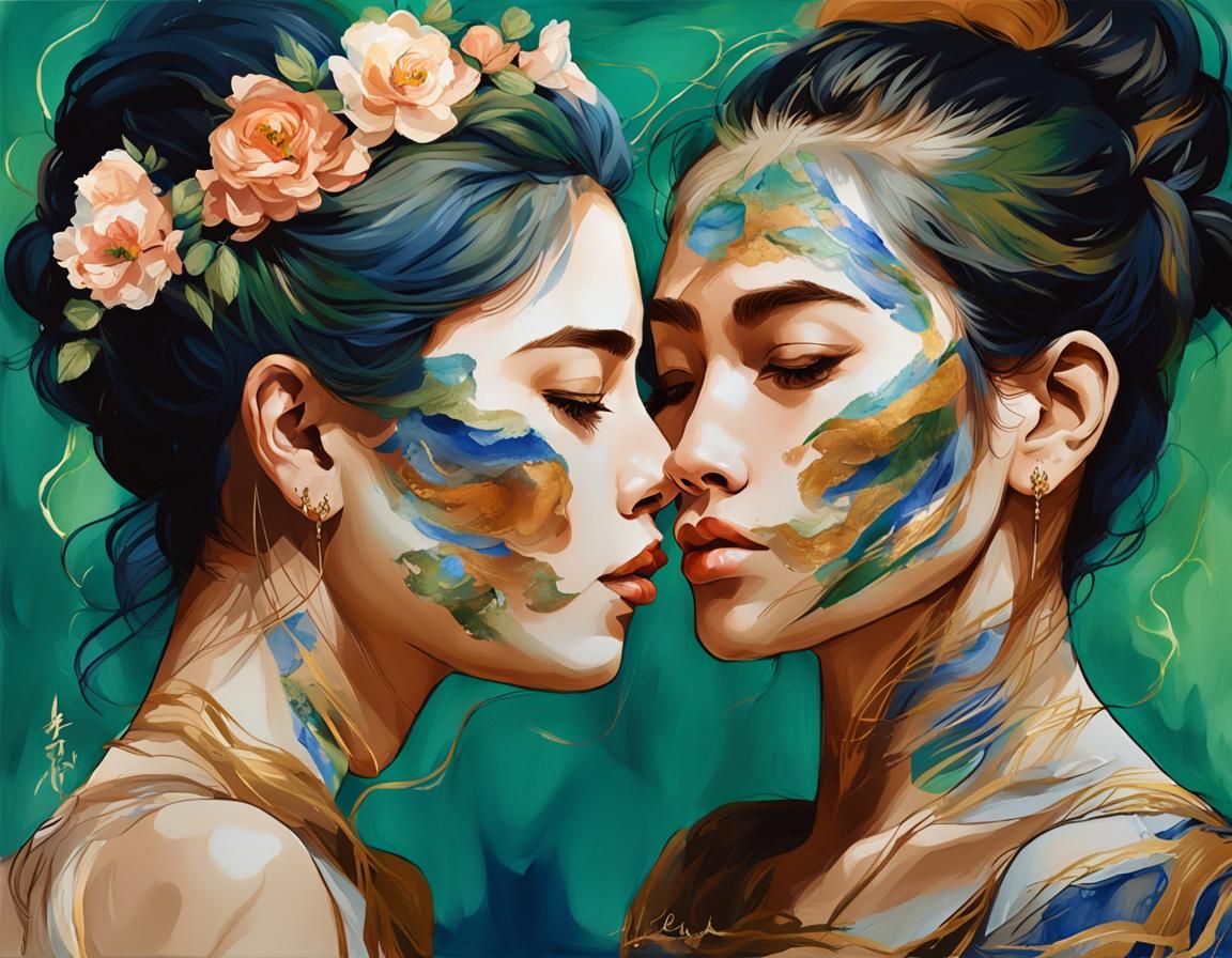 Lesbian Lovers Embrace: A Dark Academia Fine Art Painting