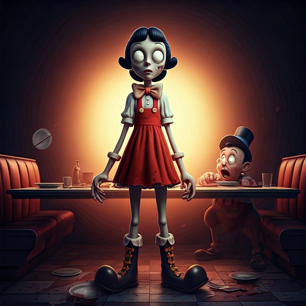 A hyperrealistic 3D render of a detailed Olive Oyl as a realistic zombie, with her dead black eyes wide open . She is we...