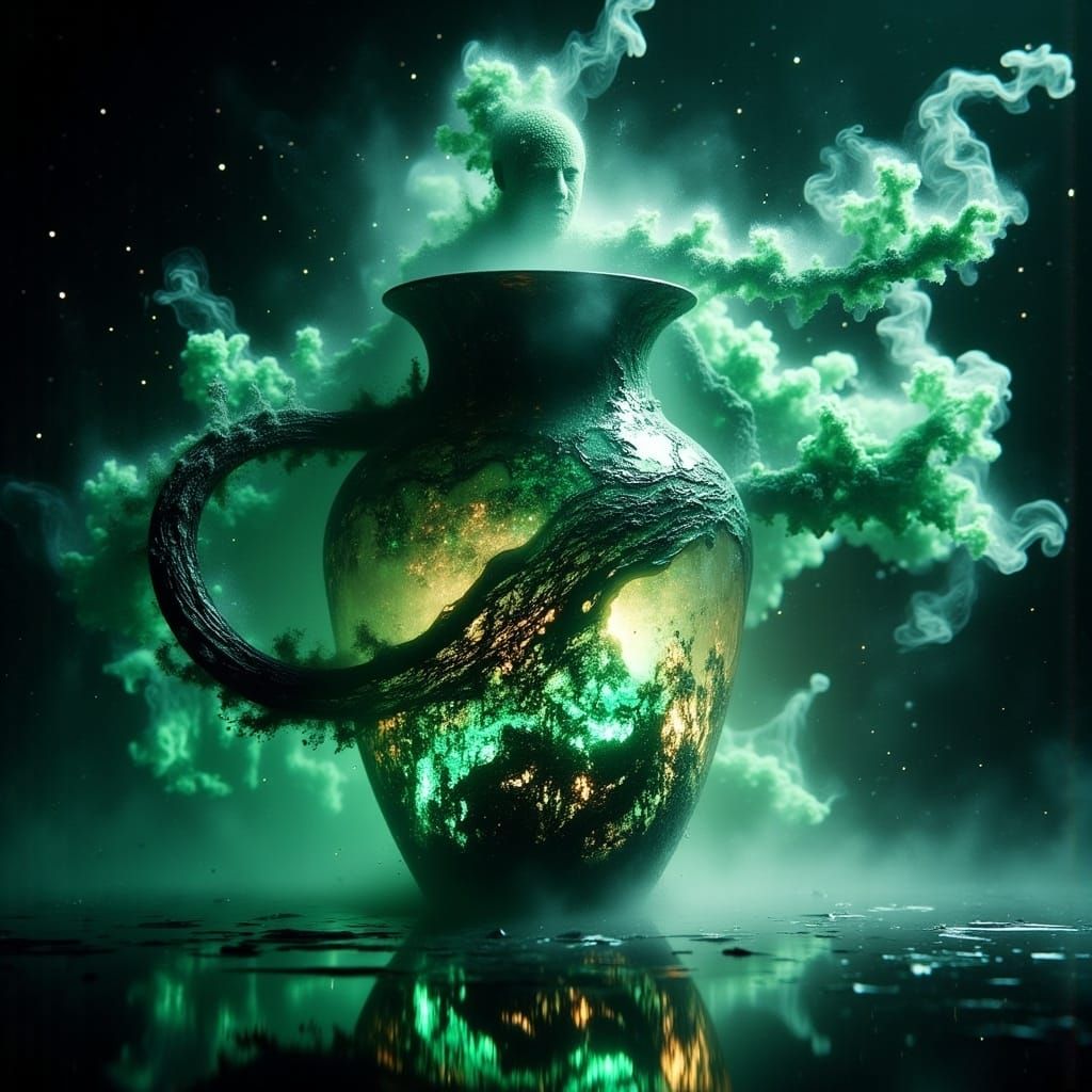 Ethereal Green Genie Emerges from Cosmic Lantern
