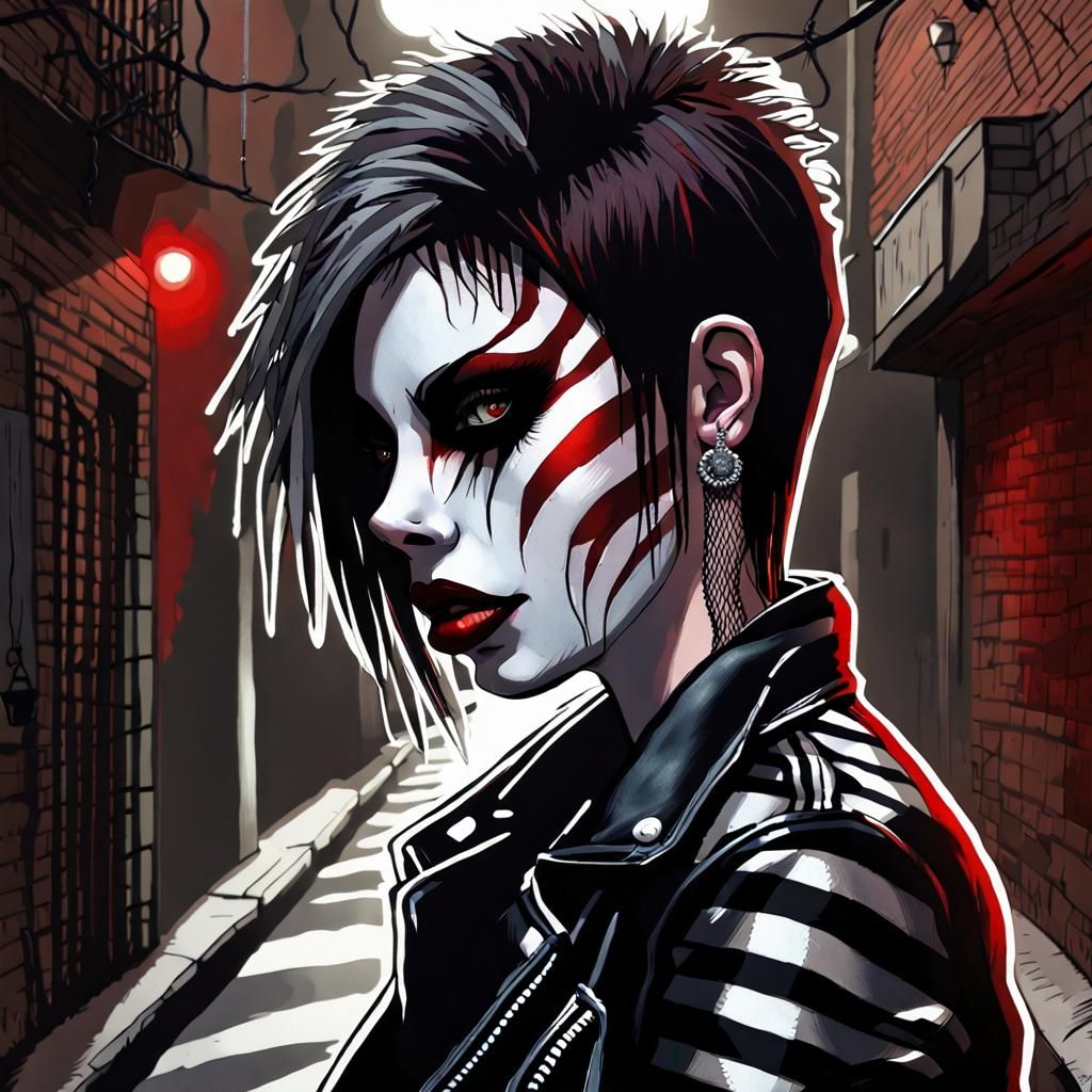 Gothic Zebra Woman in Dimly Lit Alleyway