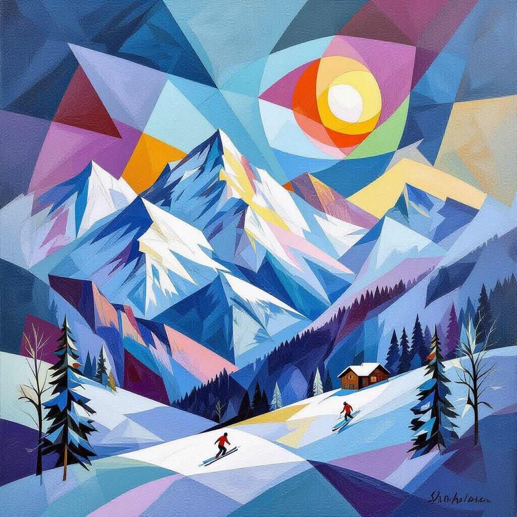 Cubist Swiss Alps Majestic Skiing Landscape