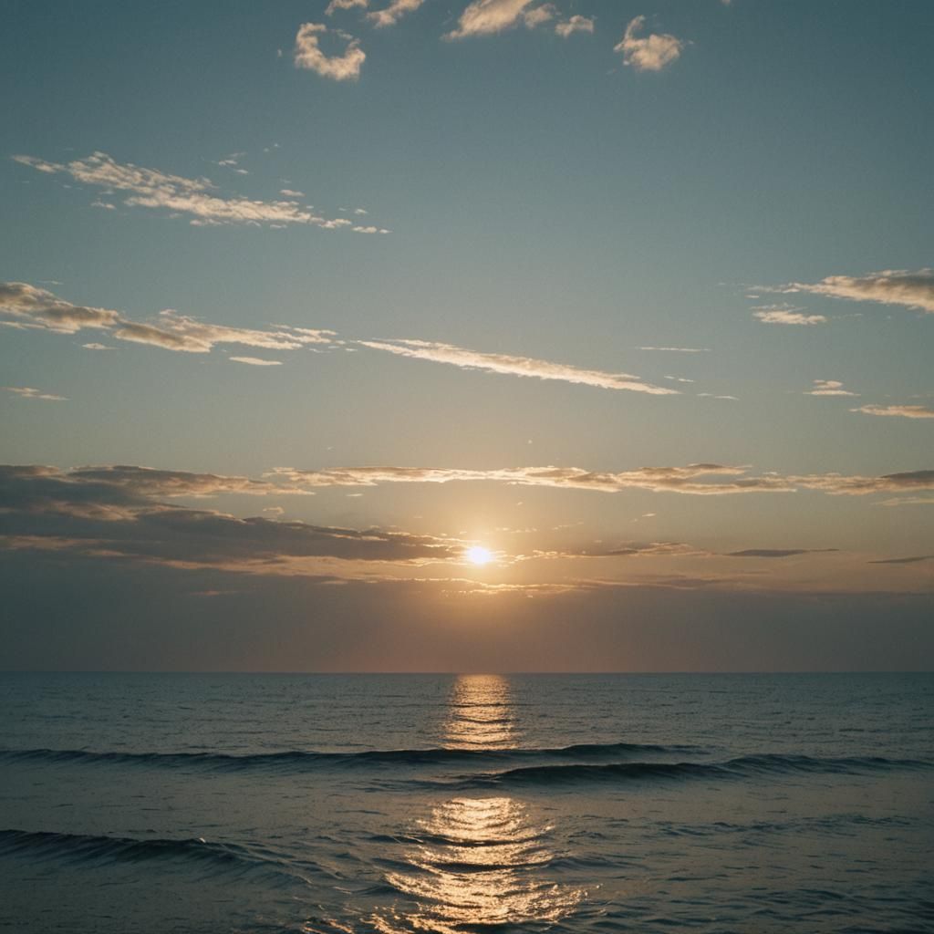 Radiant Sunrise Over Calm Ocean: Cinematic Film Still