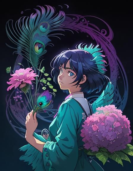 Anime Peacock with Mauve Flowers and Teal Details
