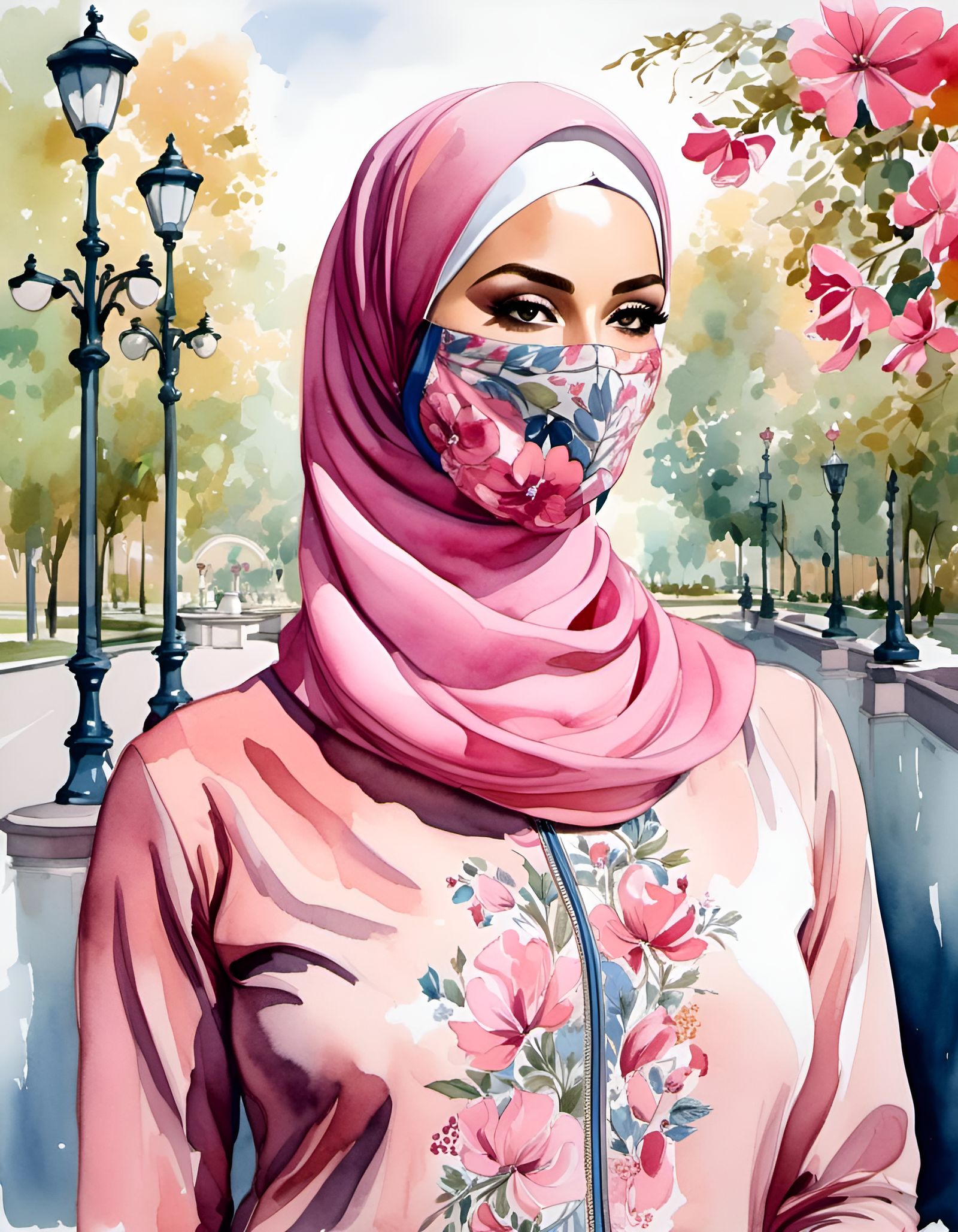 Watercolor Portrait of Woman in Hijab with Flowered Mask