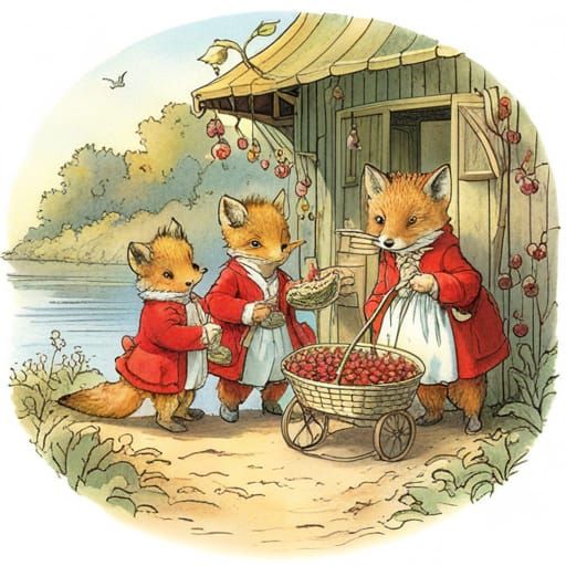 Foxes Gathering Berries by Lake in Whimsical Style