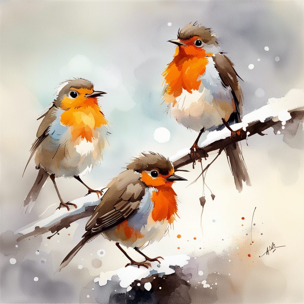 Charming Baby Robins on Snowy Branch: Watercolor Style