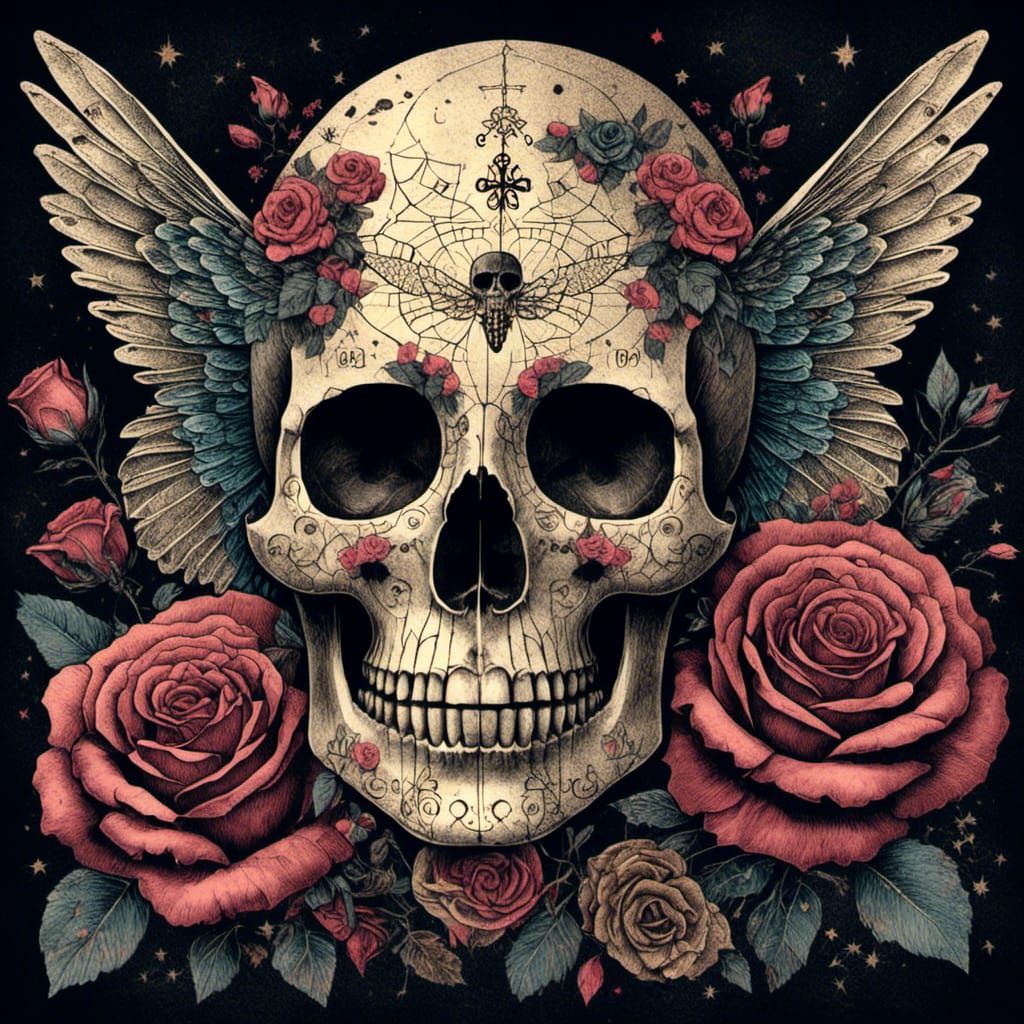 Gothic Jeweled Skull in Flight Illustration