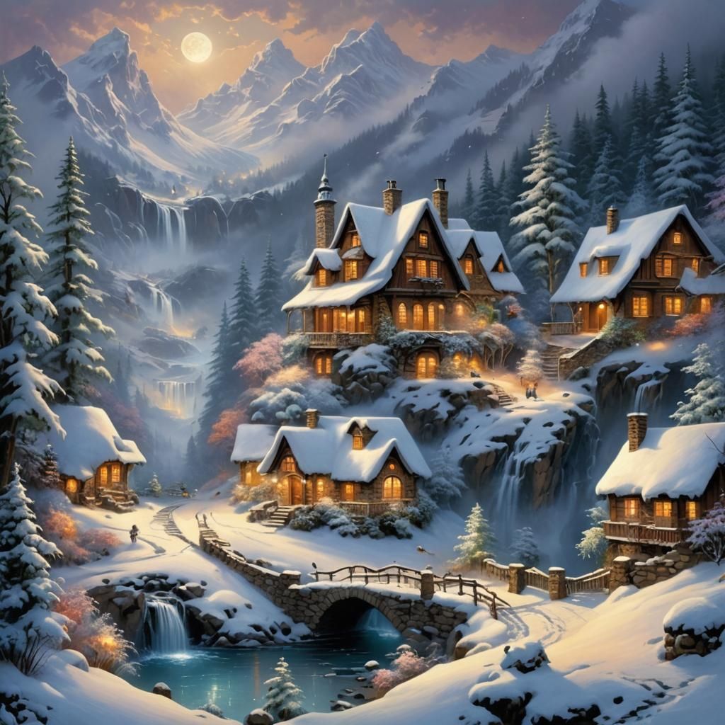 Ethereal Night Scene of Snowy Mountain Home