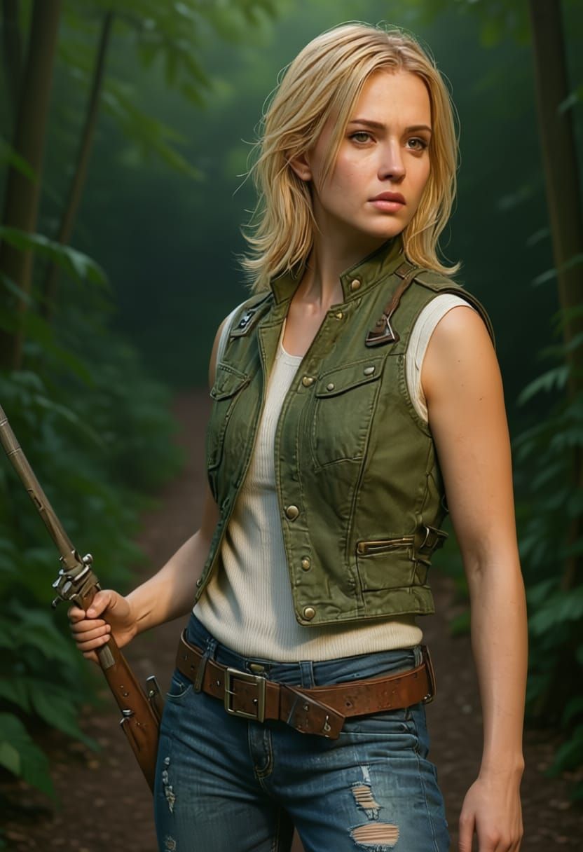 Blonde Woman with Weapon in Heroic Pose, Golden Lighting