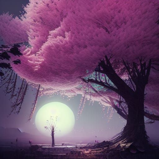 Moonlit Cherry Trees: Hyperdetailed Fantasy Photo Manipulati...