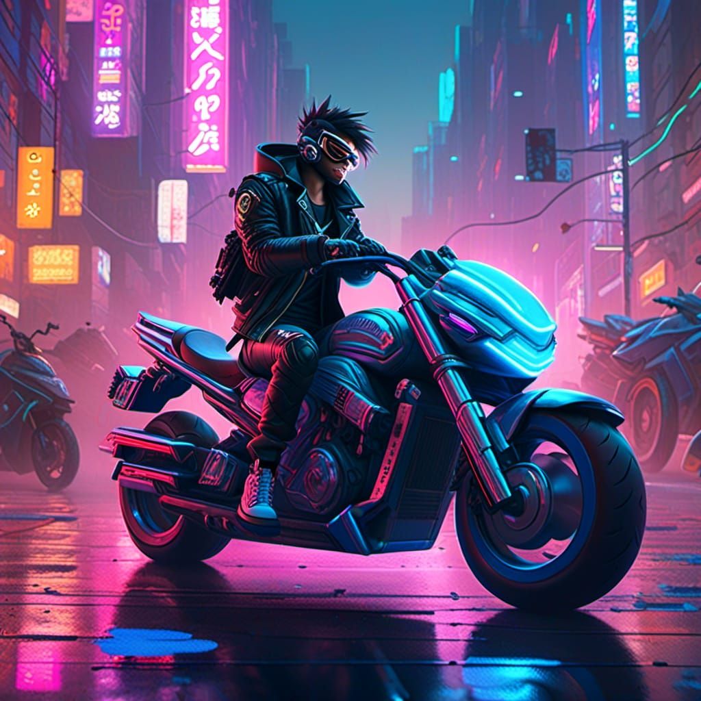 Cyberpunk Motorcycle Rider in Cityscape