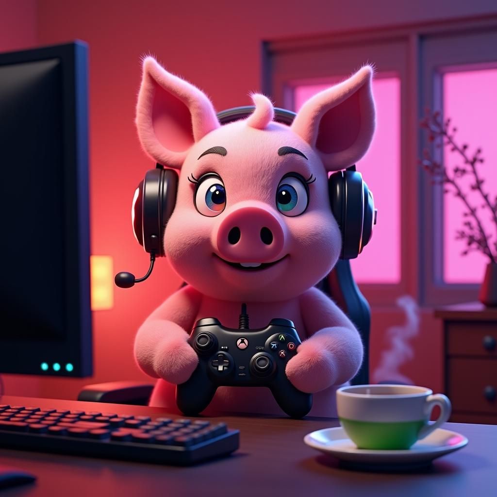 Pink Pig Streamer in Cozy Gaming Room