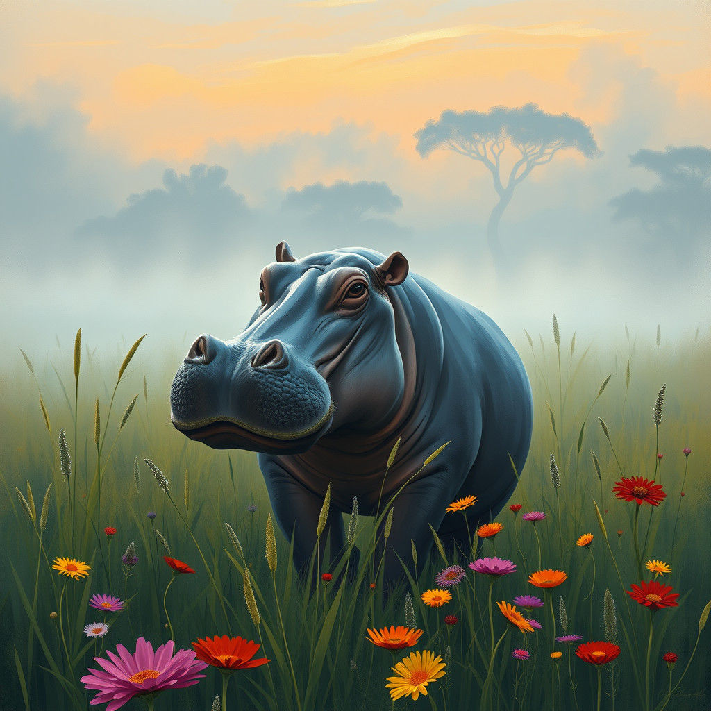 Hippo in Misty Savannah: Naive Realism Style