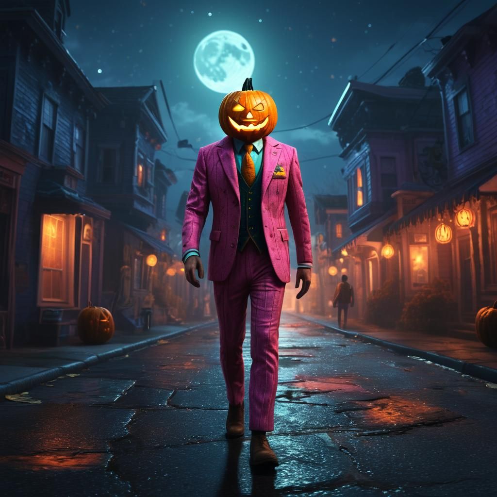 Jack O'Lantern in Pink Suit on Misty Street