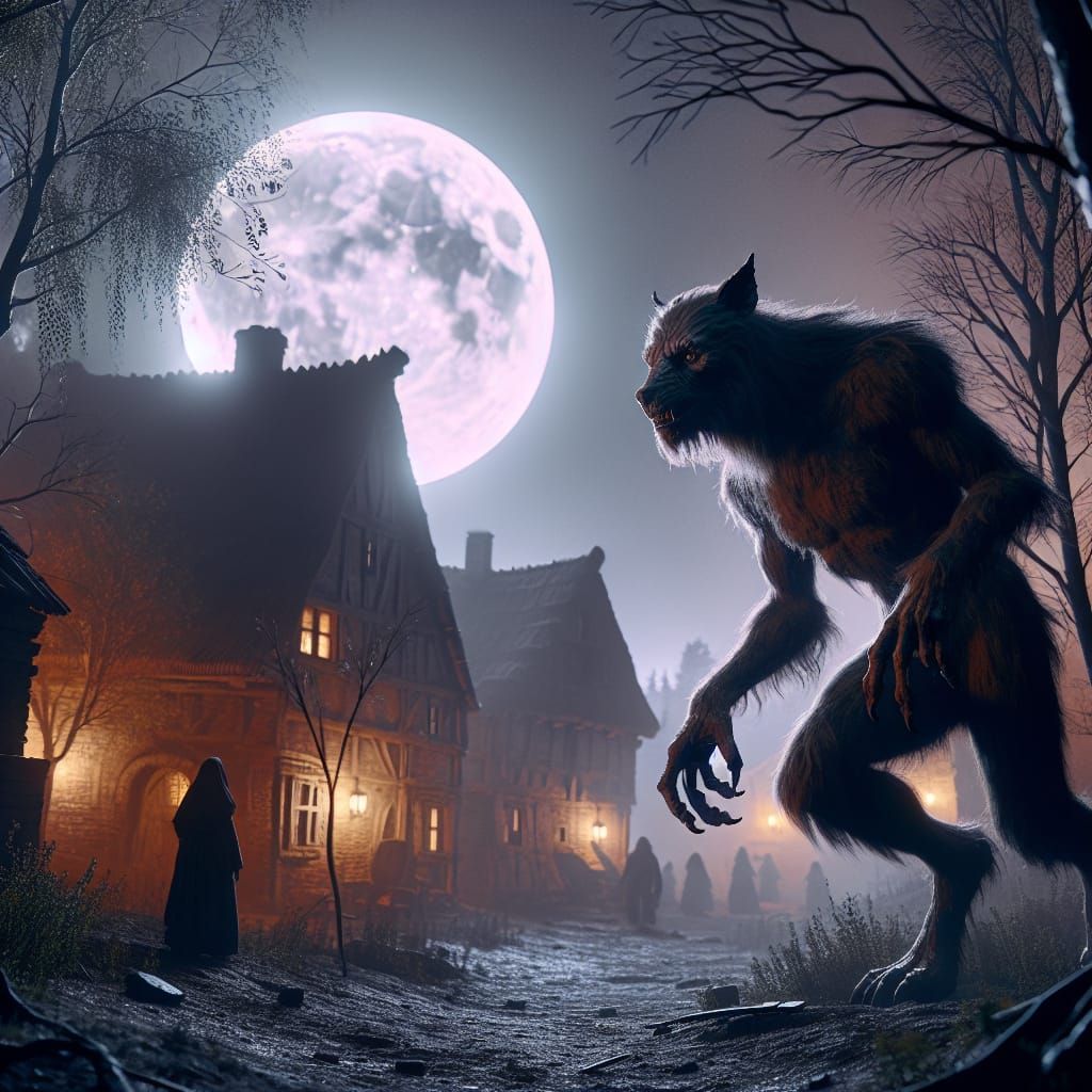 Werewolf Stalking Prey in Medieval Village