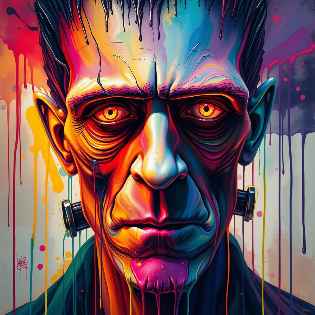 Frankenstein's Monster: Dripping Paint Abstract Portrait
