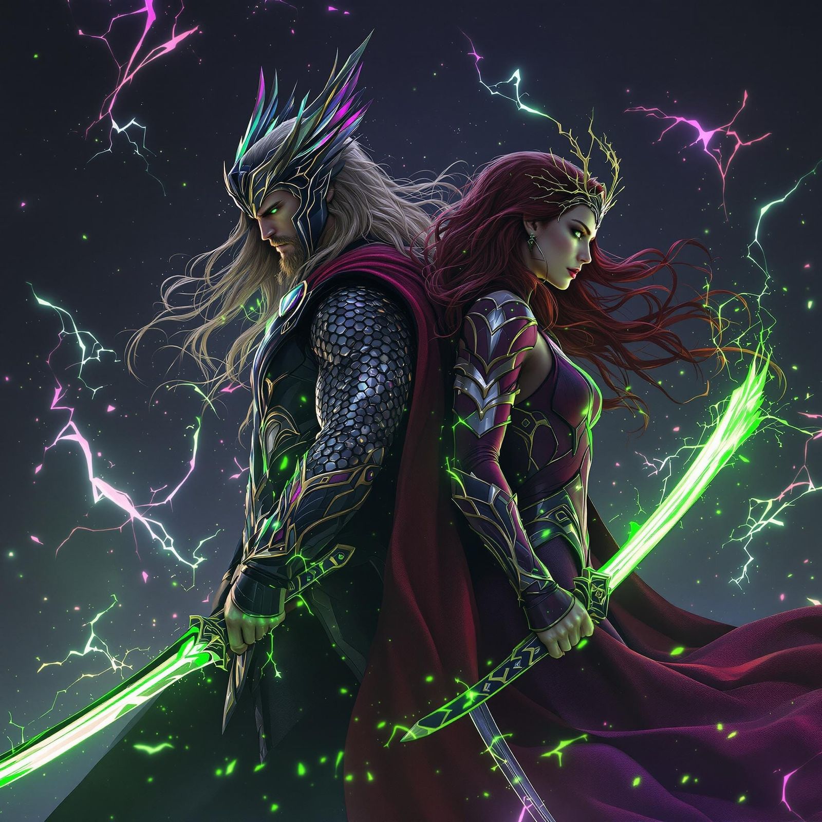 Dark Fantasy Gods Unite with Glowing Katana Aura