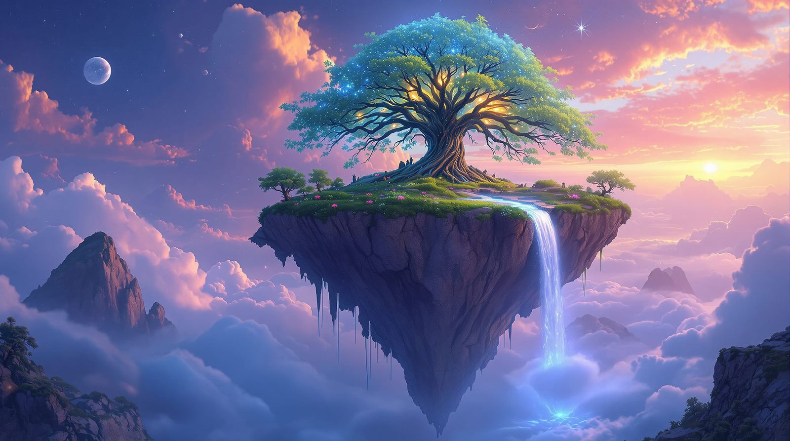Majestic Glowing Tree of Life on Floating Island