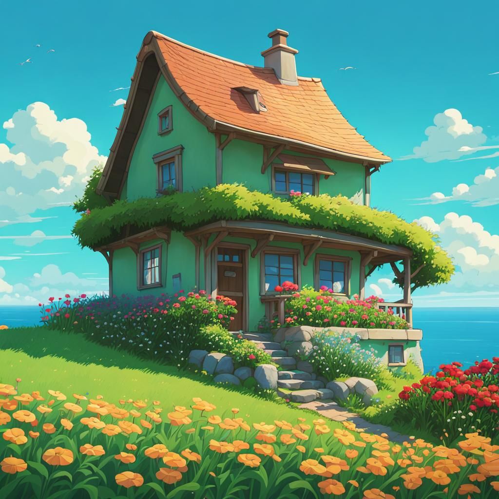 Charming Seaside House in Ghibli Animation Style