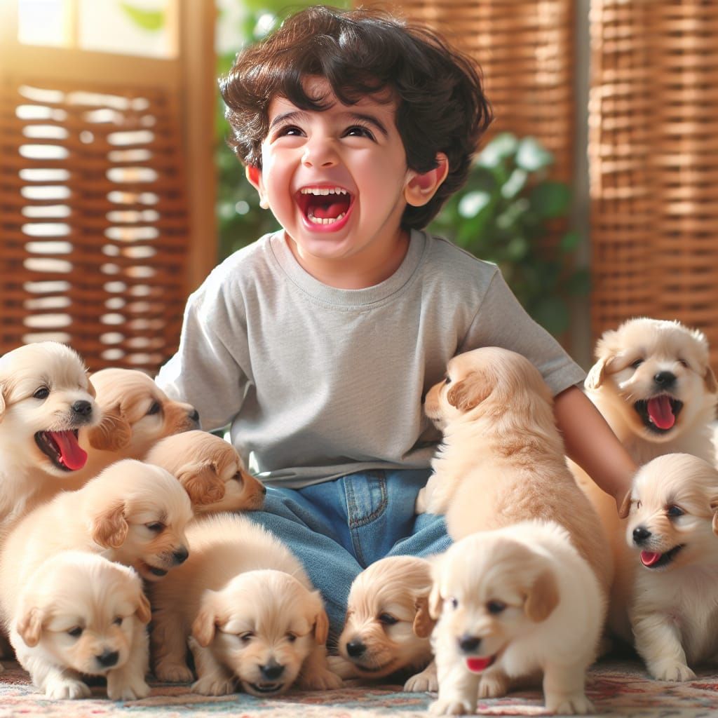 Young Girl Plays with Happy Puppies in Joyful Scene