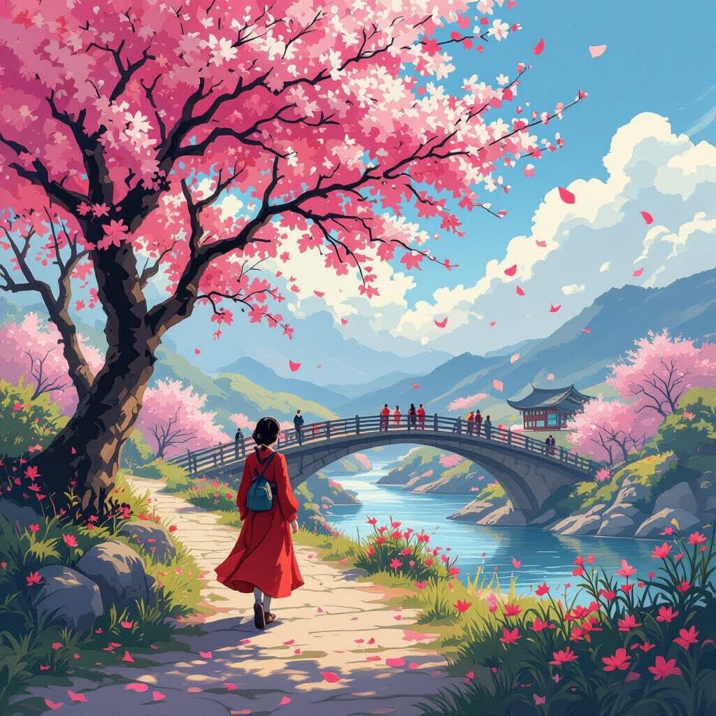 Korean Landscape with Cherry Blossoms, Painterly Style