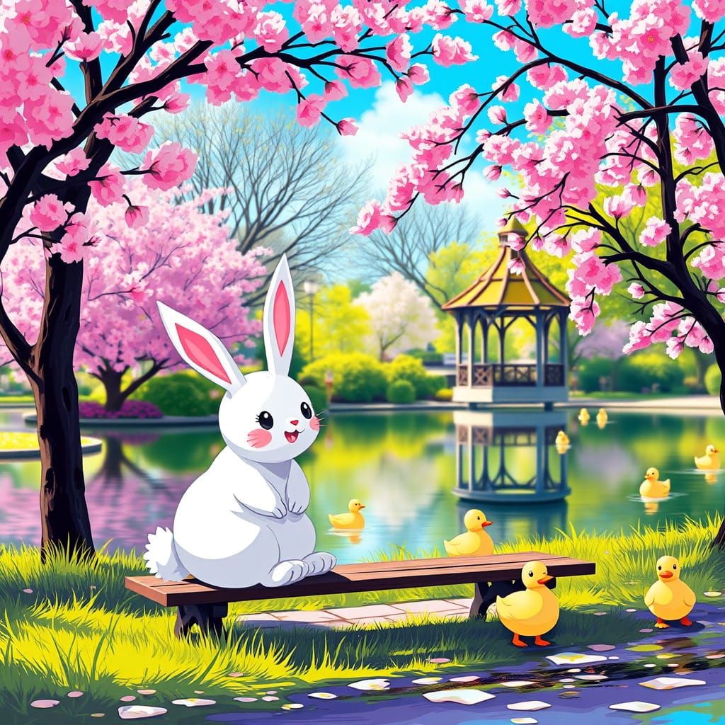 Vibrant Park Scene with Easter Bunny