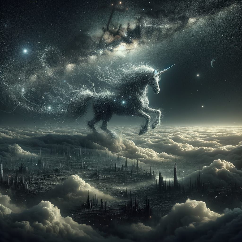 Stardust Unicorn Over Dystopian Cityscape