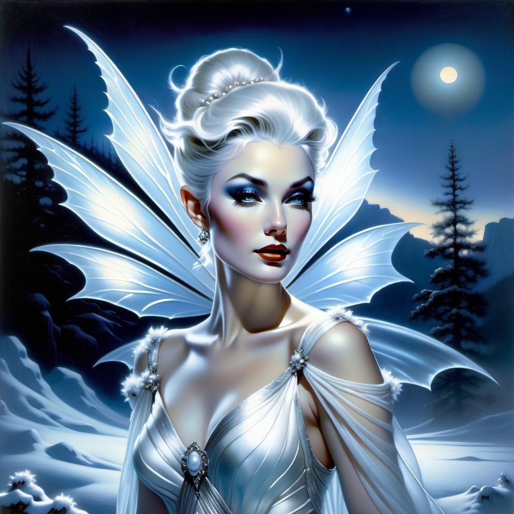 Hyperrealistic Frost Fairy in Moonlit Landscape