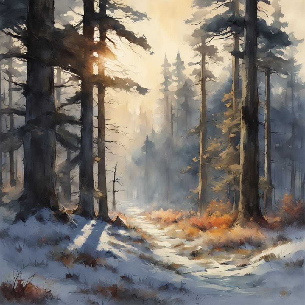 morning sun brightly shines on a dewy clearing in a winter f...