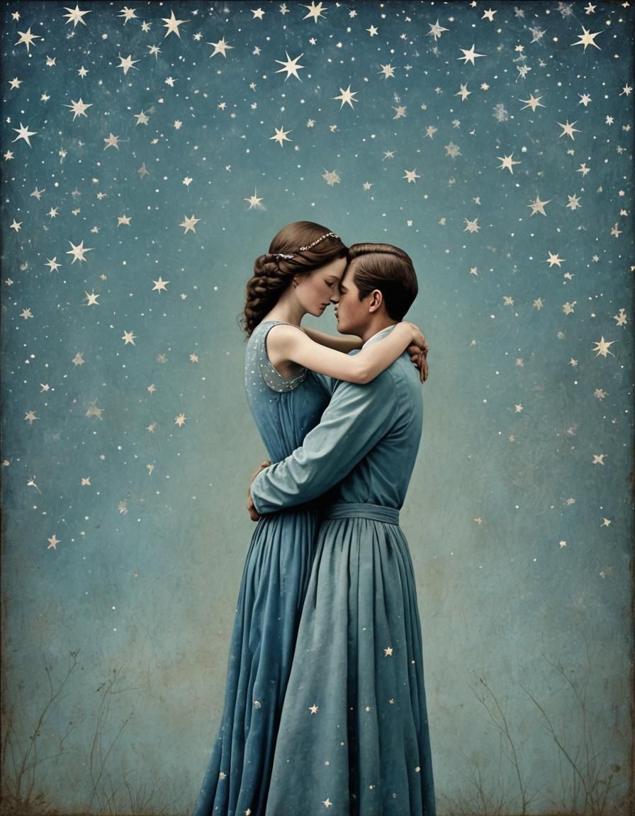 Embracing Couple in Blue Tones