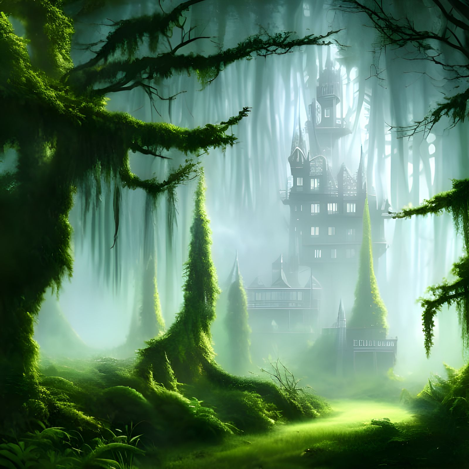 Ferns, moss, forest, tall buildings half hidden by distance