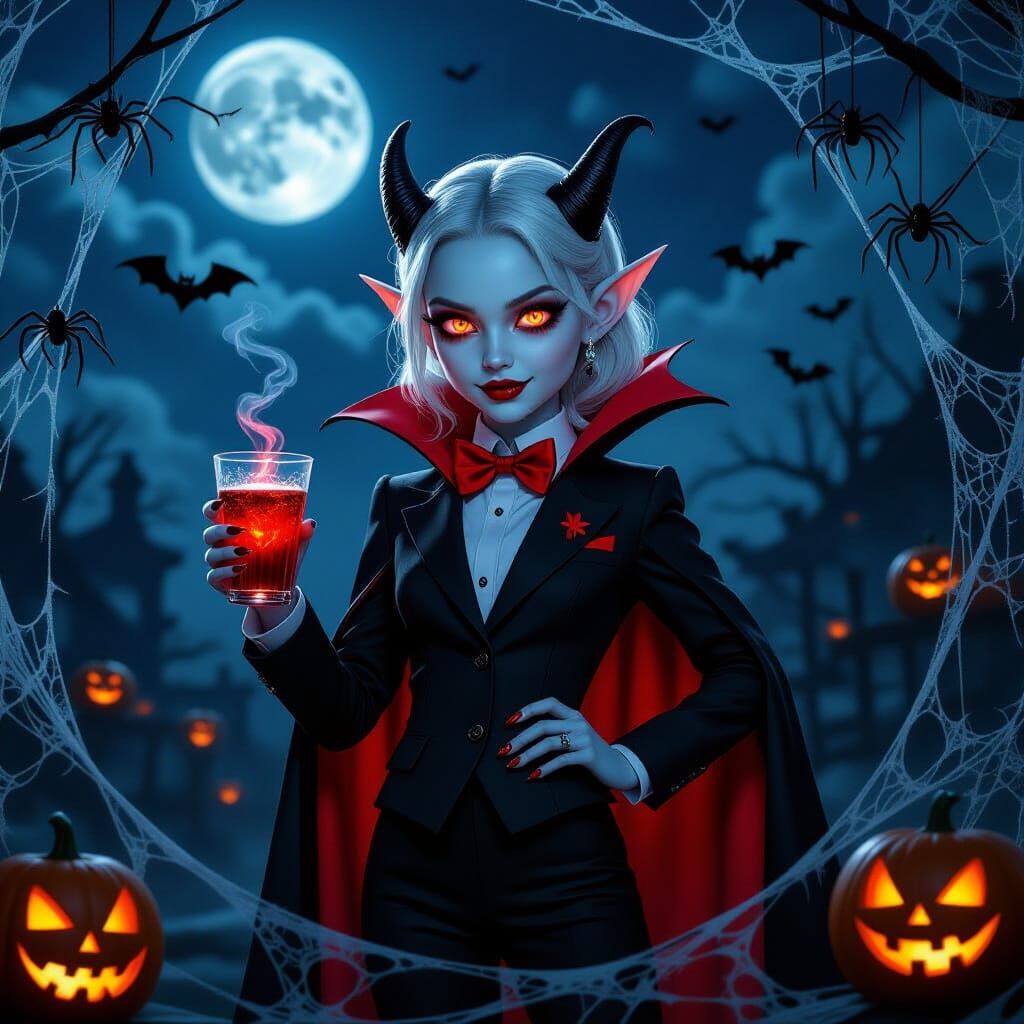 Teenage Vampire Girl in Black Suit with Glowing Eyes