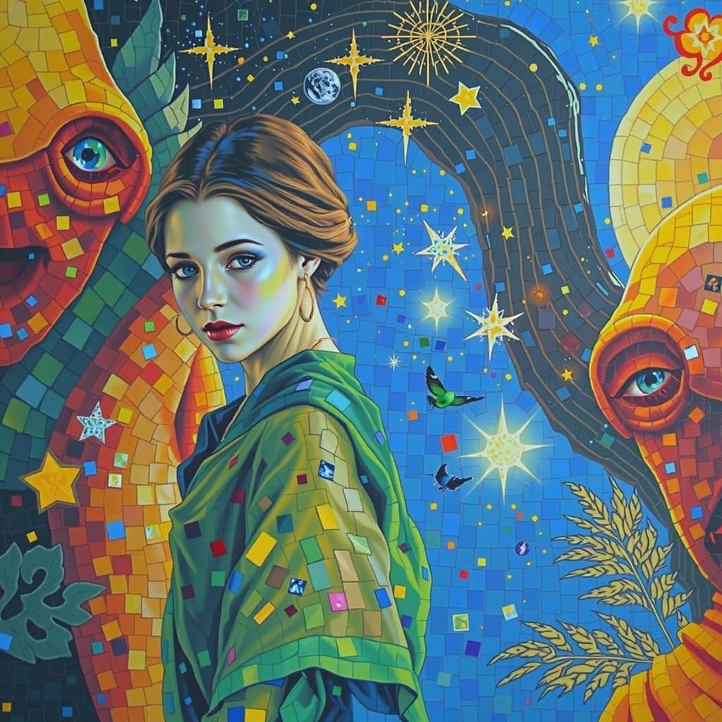 Iridescent Mosaic Woman in Starry Night Sky