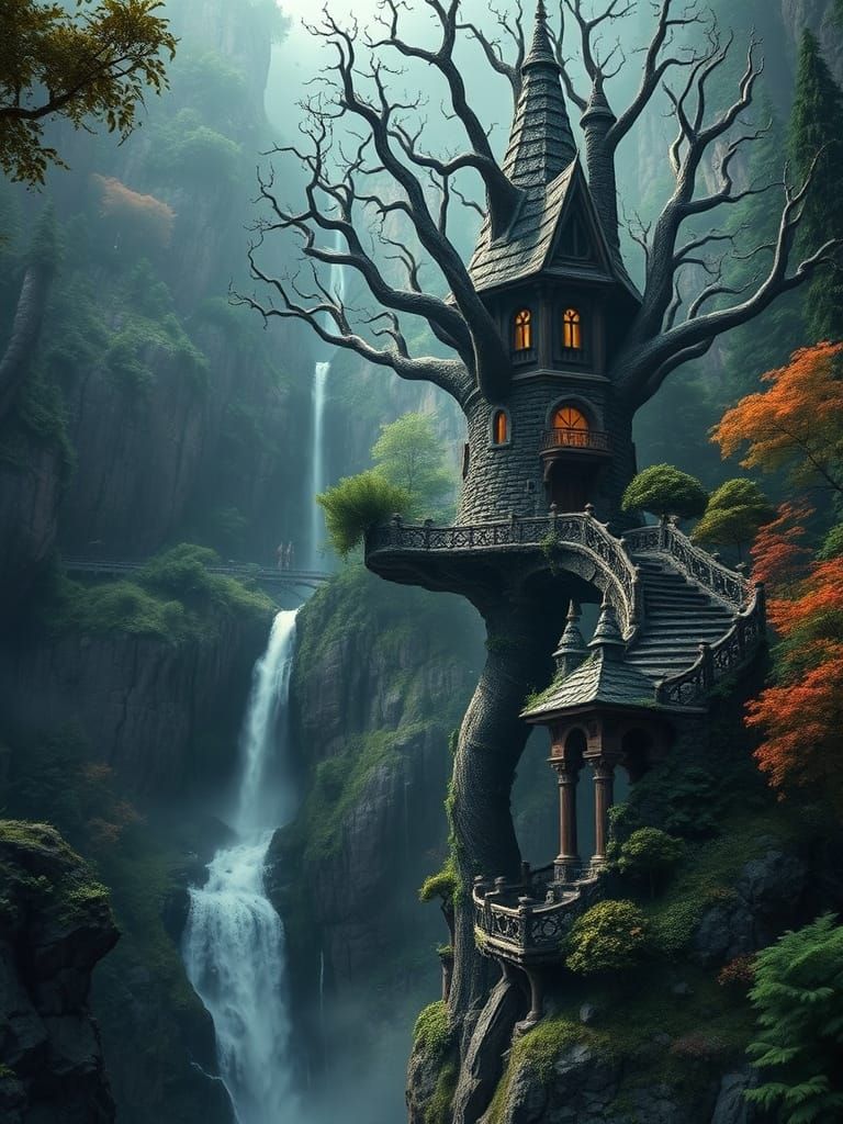 Enchanted Cliffside Treehouse in Gothic Fantasy Style
