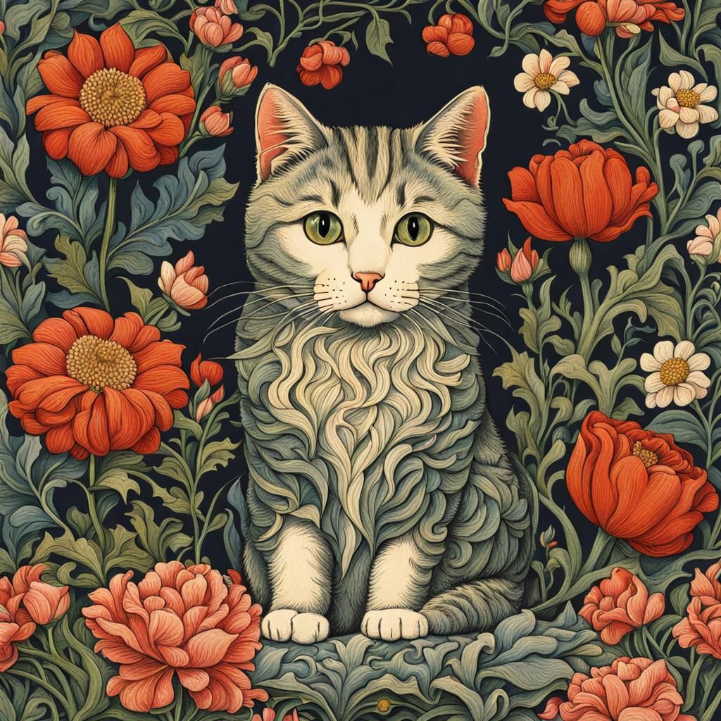 Cat Amongst Flowers in Arts and Crafts Style