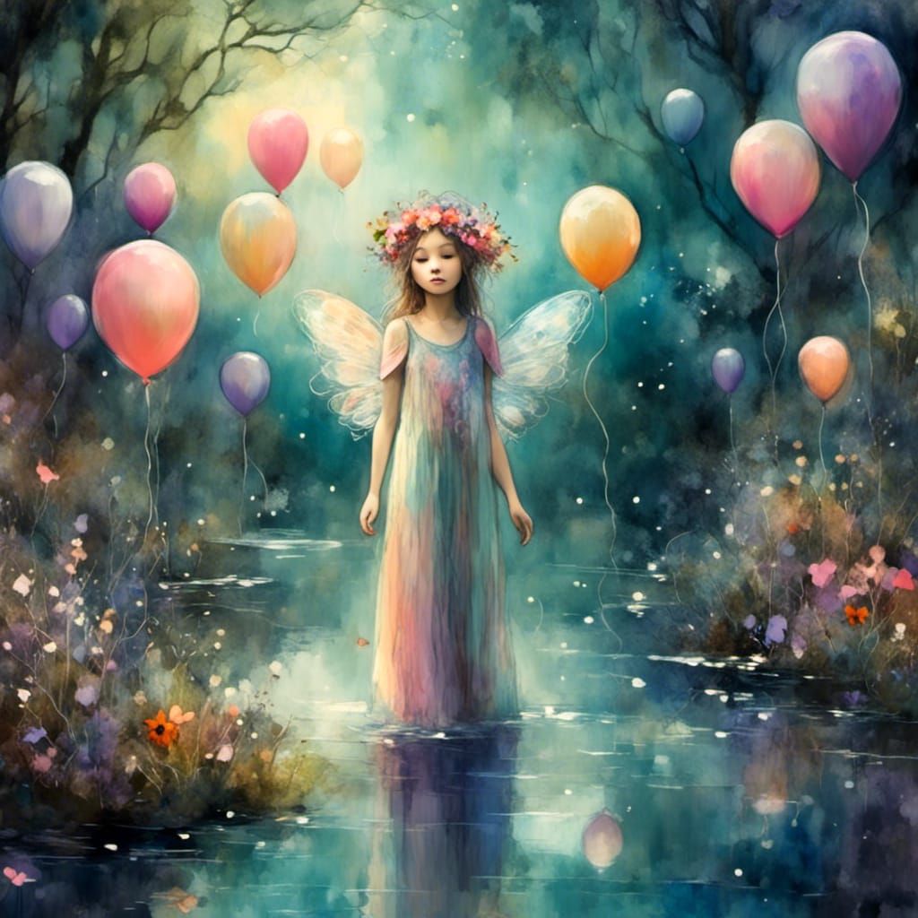 Delicate Fairy in Magical Forest with Balloons