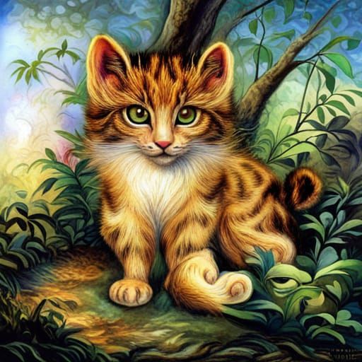 adorable chibified wild cat in the forest, by Josephine Wall, John Howe | perfect face and beautiful reflective eyes | h...