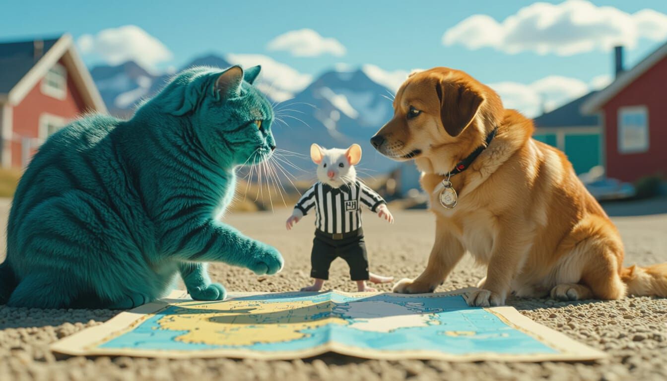Turquoise Cat and Orange Dog Cage Fight Over Greenland Map