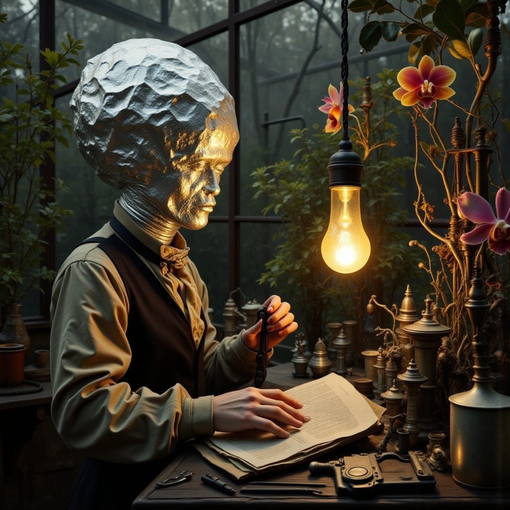 Victorian Botanist with Lightbulb Head Studies Orchid